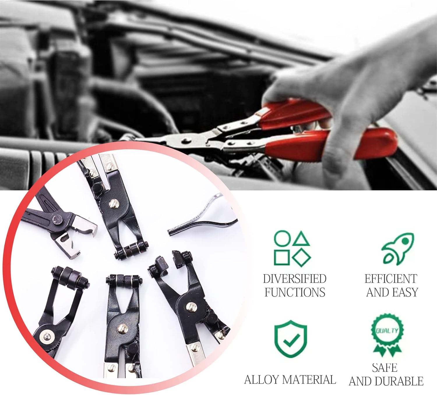 Swpeet 9Pcs Red Long Reach Flexible Wire Spring Hose Clamp Pliers Remover Assortment Kit, Clic R Type Angled Swivel Jaw and Flat Band Pliers for Automotive Radiator Heater and Water Hose