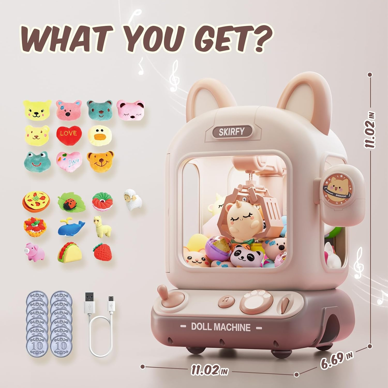 Skirfy Claw Machine for Kids,Mini Vending Machine, Prize Dispenser Toys for Girls and Boys, Electronic Arcade Game for Party Birthdays Includes 32 Mini Toys(Brown)