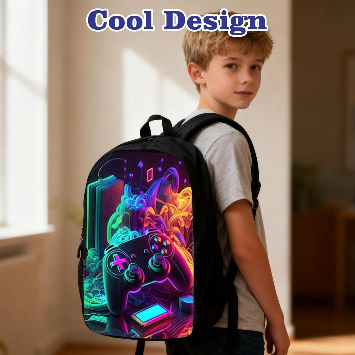 Fakcrkun Gaming Backpack for Boys, 3 Pcs Gaming Themed School Backpack Set with Lunch Bag & Pencil Case,Large Capacity School Bag Waterproof Lightweight Laptop Backpacks for Teenagers & Students image number 2