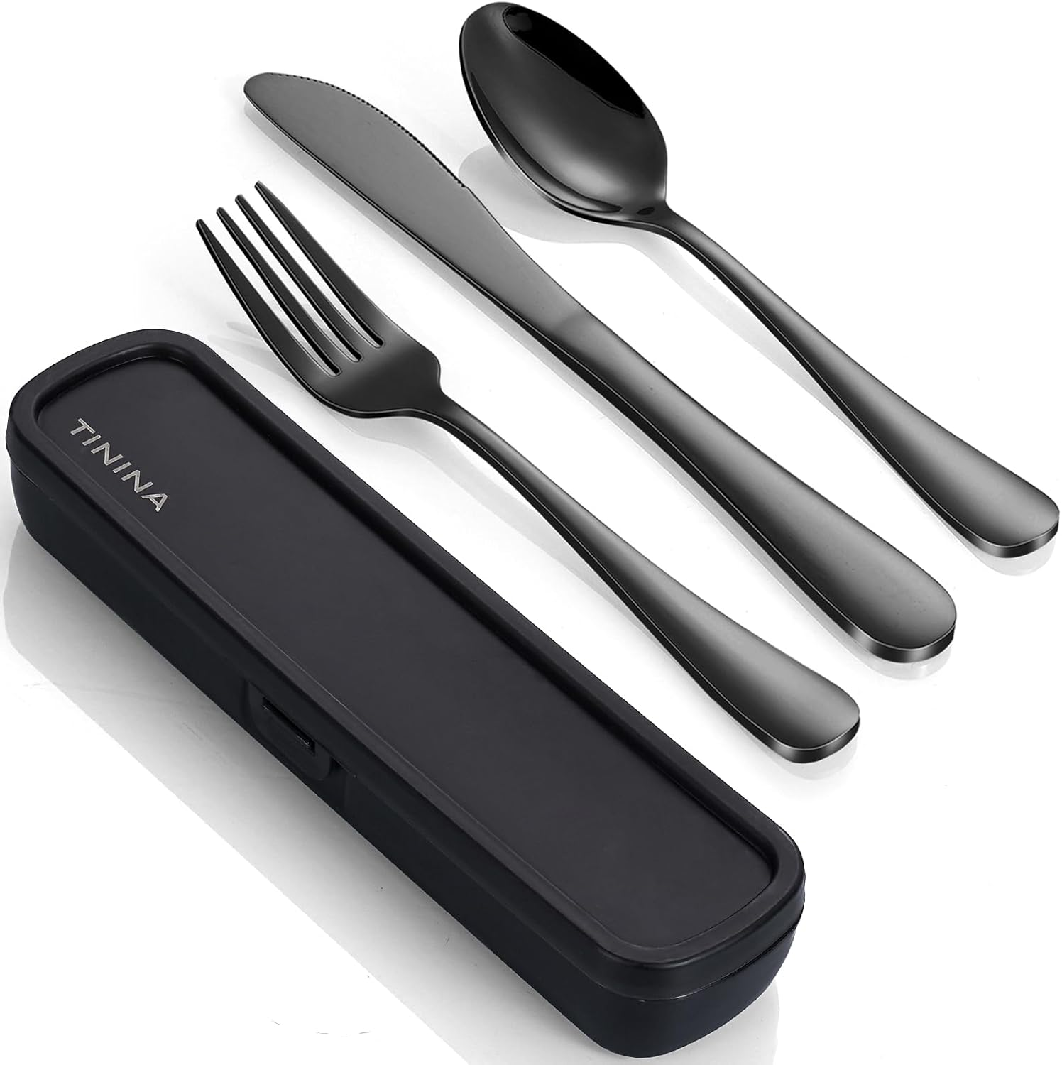 Travel Cutlery Sets with Case, 4-Piece Stainless Steel Portable Utensils, Reinforced Case with Buckle Design, Lunch Box for Camping Work School, Include Fork Spoon Knife, Dishwasher Safe, Black