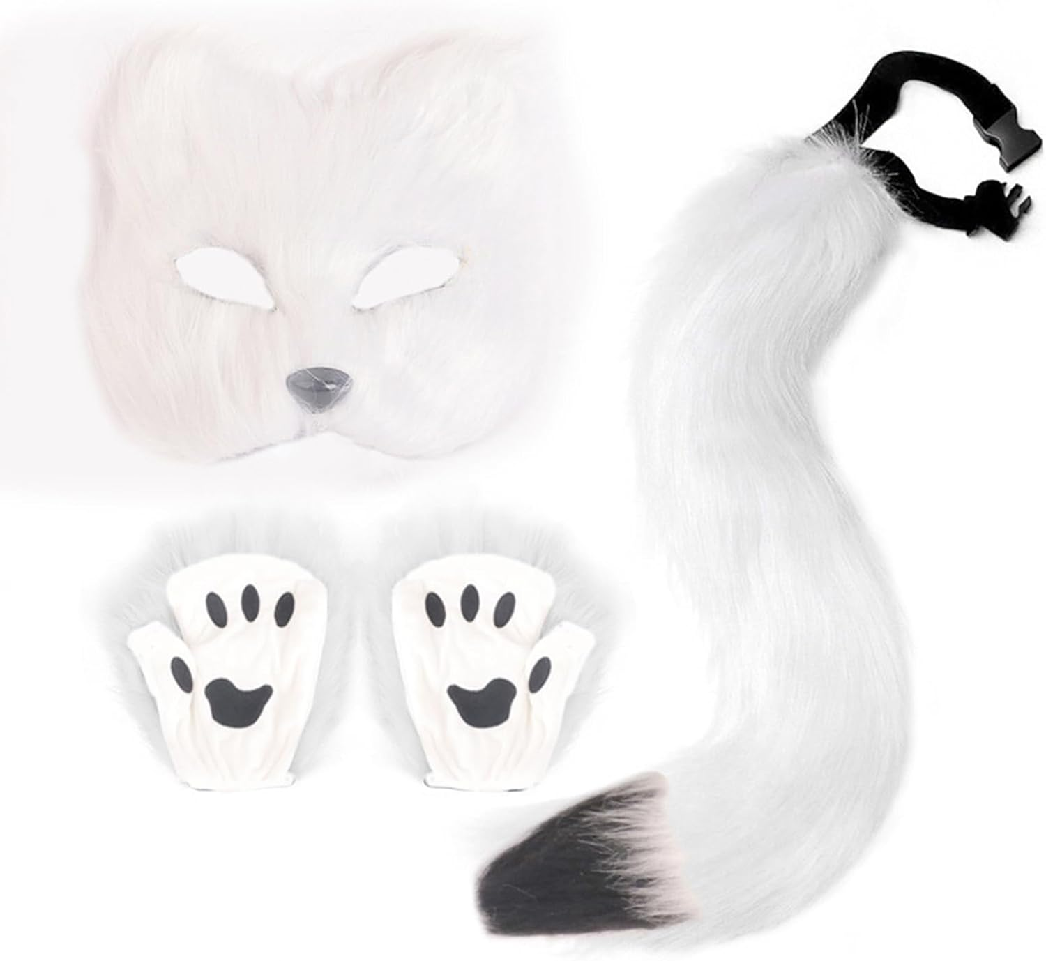 Furry Costume Wolf Costume for Girls Adult Kids Includes Fox Tail Plush Mask and Plush Paw Gloves Perfect for Halloween Costume Parties Christmas Events(White) image number 3