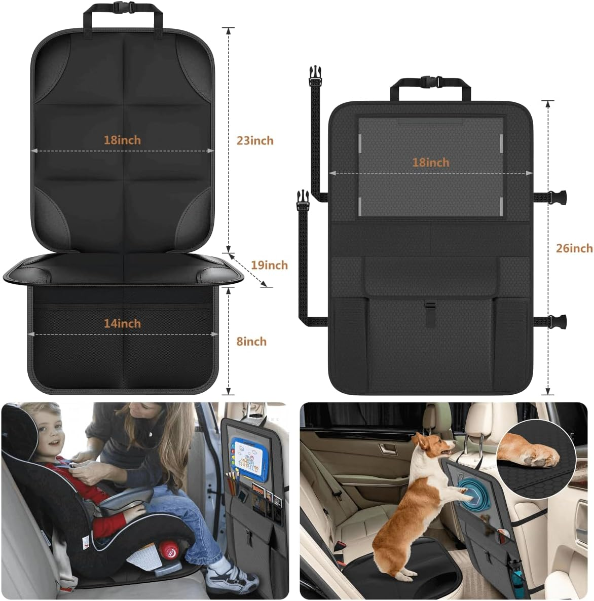 Car Seat Protector for Kids, Waterproof and Non-Slip Car Seat Protector with Storage Pockets, Baby Travel Kick Mats & Front/Back Seat Cover Set for Baby and Pet (Black) image number 5