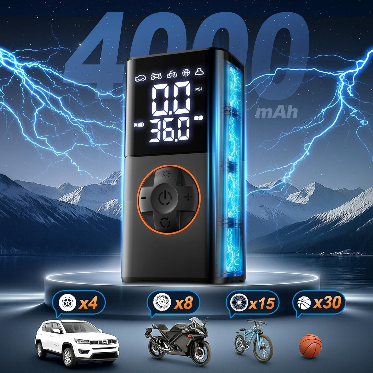 Mxcasoxz Tire Inflator Portable Air Compressor,Cordless Bike Pump with Digital Dual Values Display/Led Lights/Storage Pouch/Auto Shut-Off Function, 150 PSI Air Pump for Cars, Motorcycles, Bikes, Balls image number 5