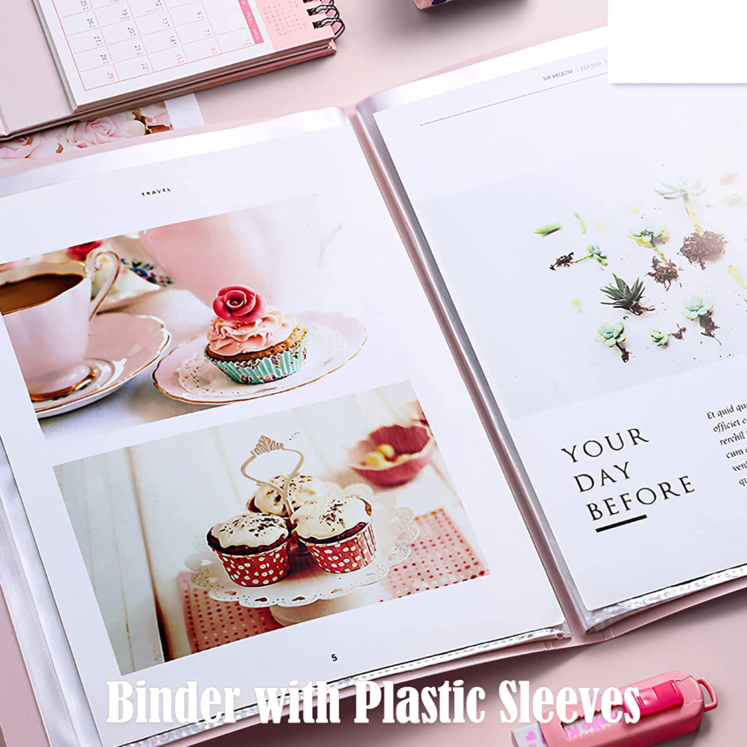 Binder with Plastic Sleeves 40/60/80 Pocket Bound Sheet Protector Presentation Book, Display Book, for A4 Size Inserts (80 Pocket, Rose) image number 6