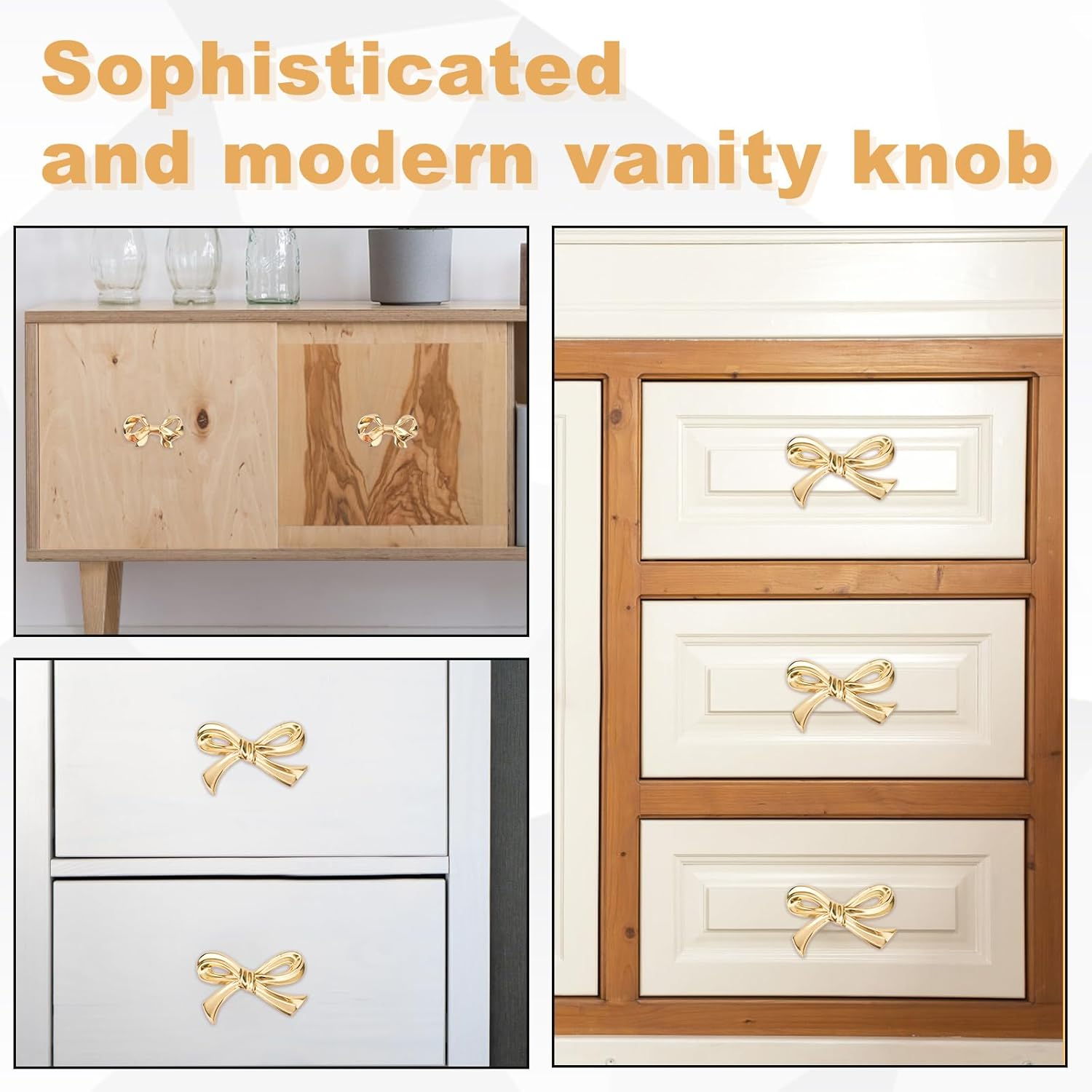 4Pcs Brass Bow Cabinet Knobs, Vintage Bow Gold Dresser Knobs Decorative Drawer Pull Handles for Cupboard Wardrobe Hardware Closet Home Kitchen (2 Styles) image number 6