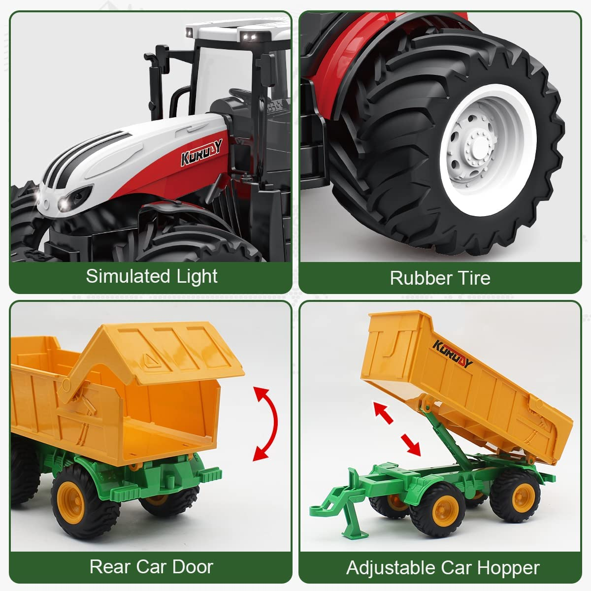 Fisca RC Tractor Remote Control Farm Truck with Trailer, 2.4Ghz 1/24 Scale Electronic Tractor Farm Vehicle Toy with Light for Kids Age 5, 6, 7, 8, 9 and up Years Old