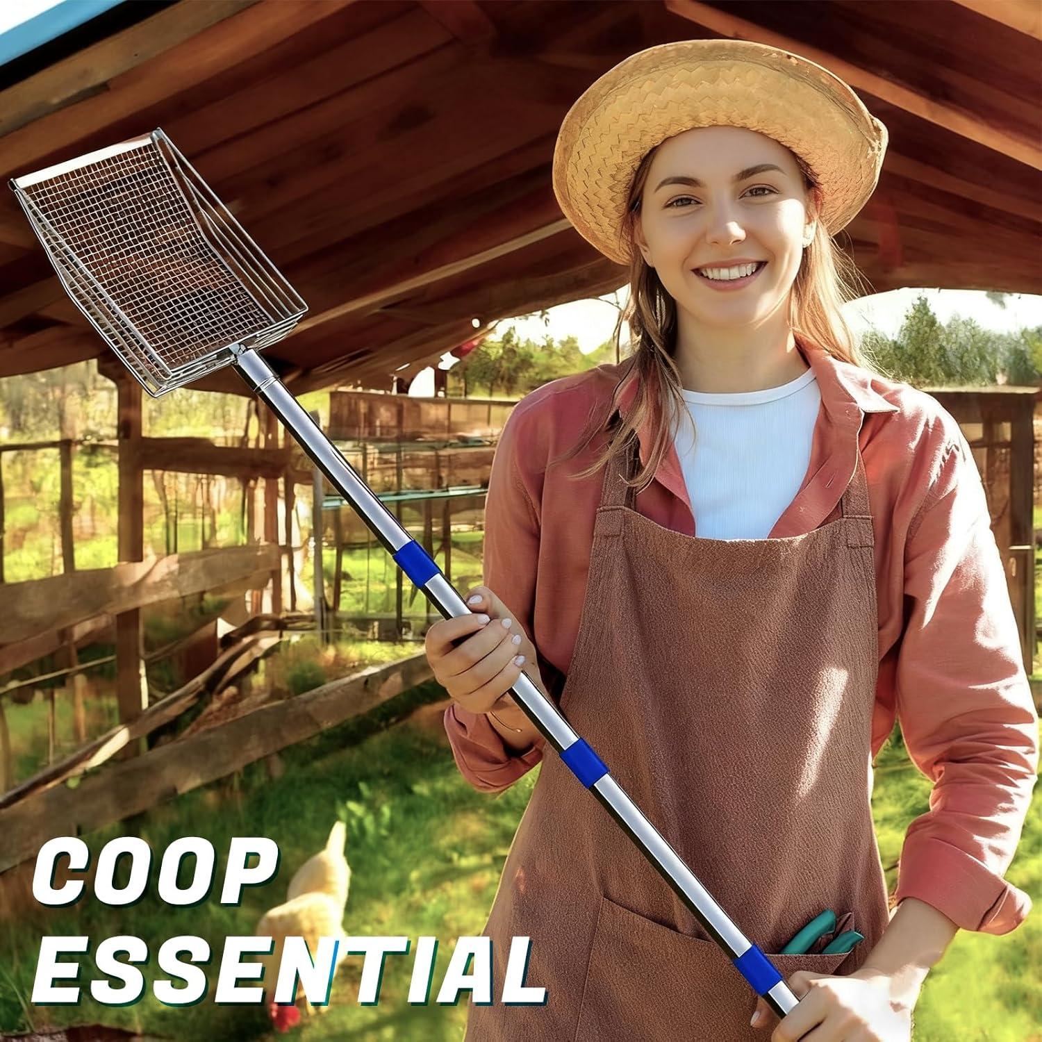 Stainless Steel Chicken Poop Scooper with 4-In-1 Adjustable Handle (20" to 49") &ndash; 304 Stainless Steel Shovel Head for Chicken Coop Cleaning, Pet Waste Removal, and Multifunctional Litter Sifting image number 2