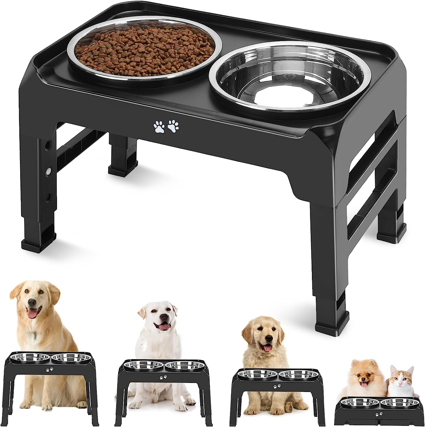 Elevated Dog Bowls, 4 Height Adjustable Raised Dog Bowl Stand with 2 Thick 50Oz Stainless Steel Dog Food Bowls Non-Slip Dog Feeder for Medium Large Dogs Adjusts to 3.7", 9.2", 10.75", 12.36" Black