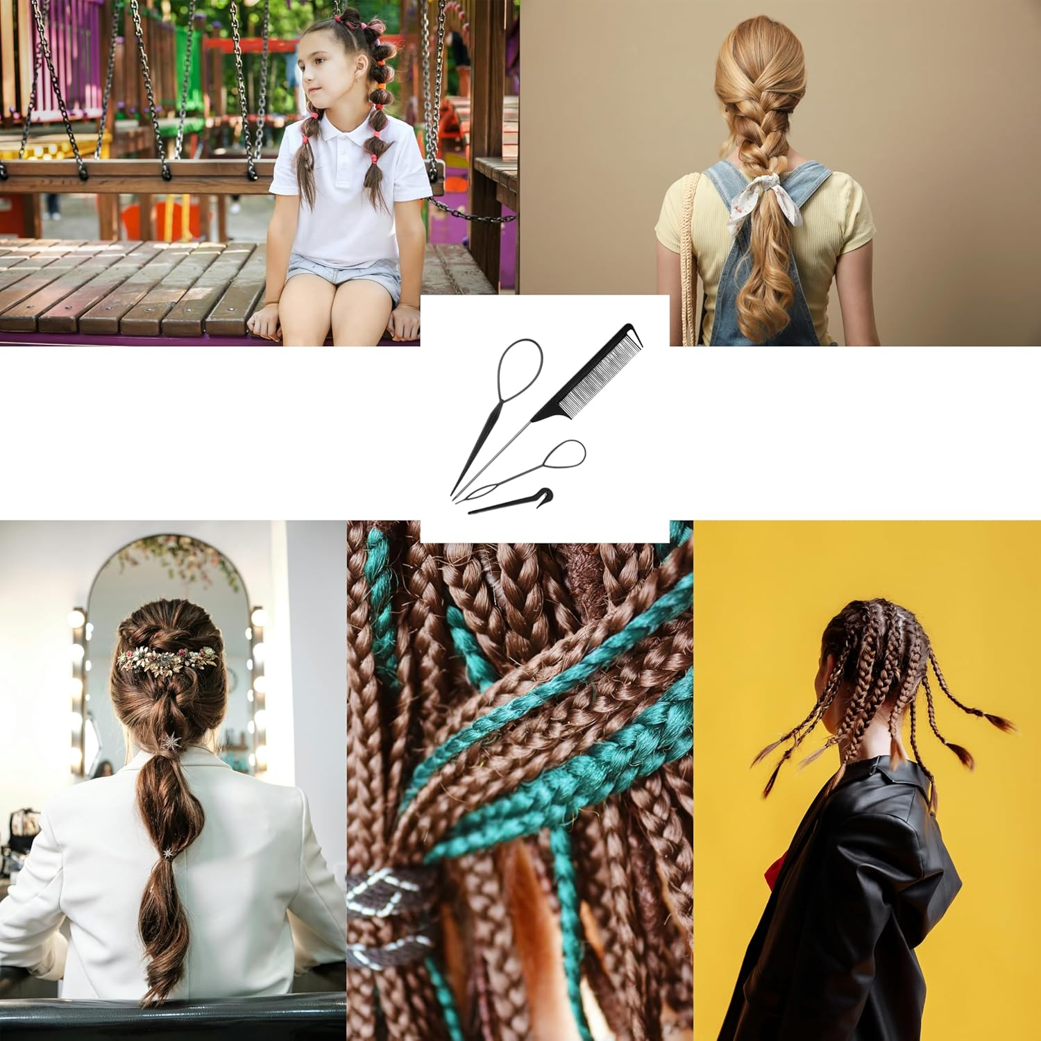 4 Piece Hair Braiding Tool Kit Professional Hair Styling Set for Perfect Braids, Includes Hook, Comb, Clips, and Accessories Ideal for Beginners and Expert (Black) image number 1