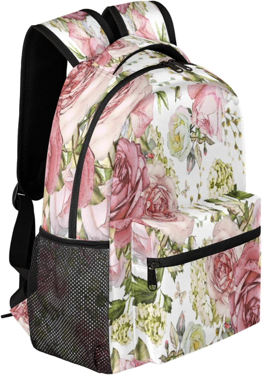 Watercolor Flower Pattern Kids Backpack Vintage Flowers School Bags for Girls Boys Durable Canvas Casual Dayback with Double Mesh Side Pockets image number 1