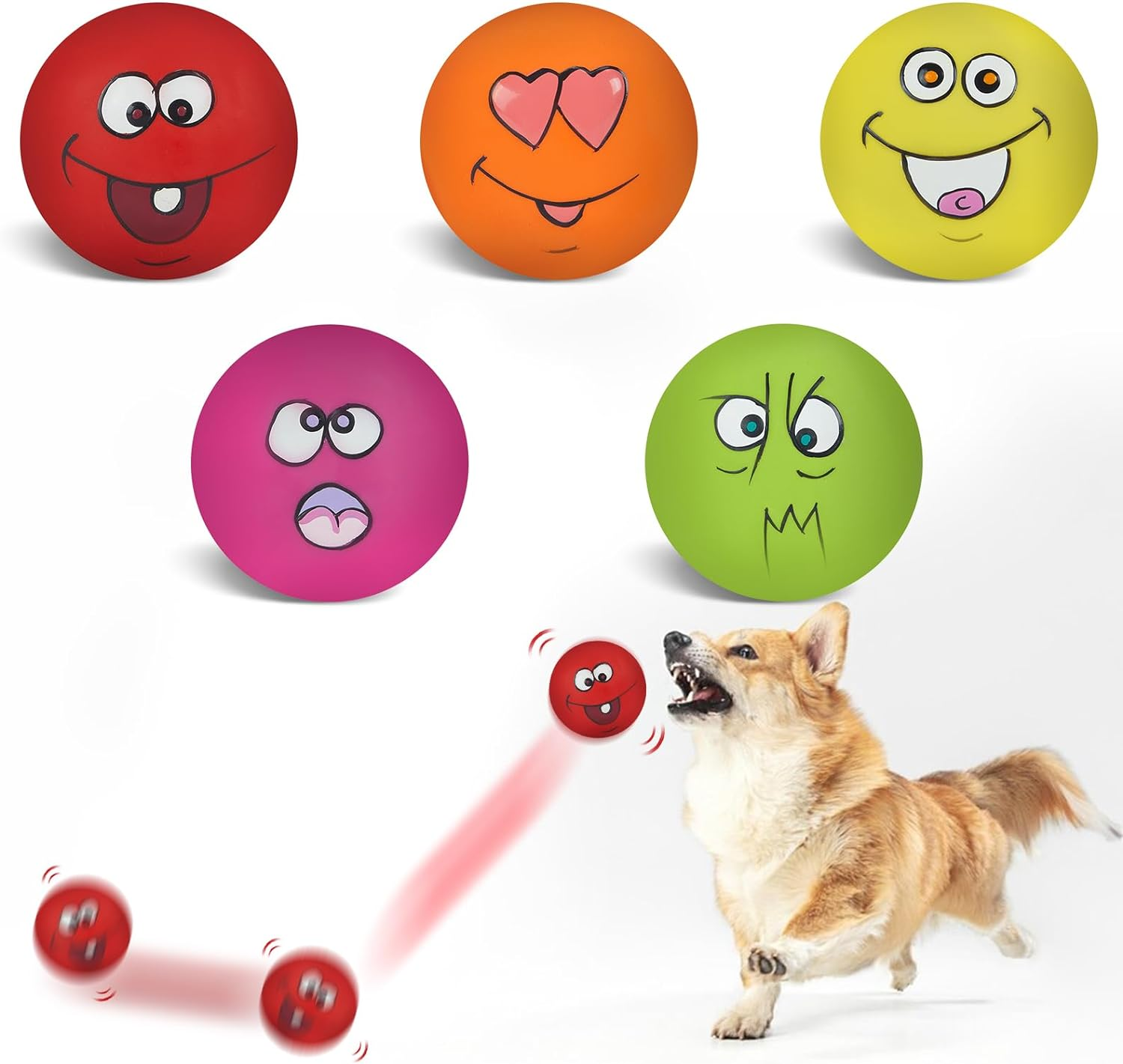 Squeaky Dog Toy Chewing Dog Toys Durable Teething Latex Rubber Soft Interactive Fetch Play Dog Balls with Funny Face for Puppy Small Medium Pet Dog (5PCS)