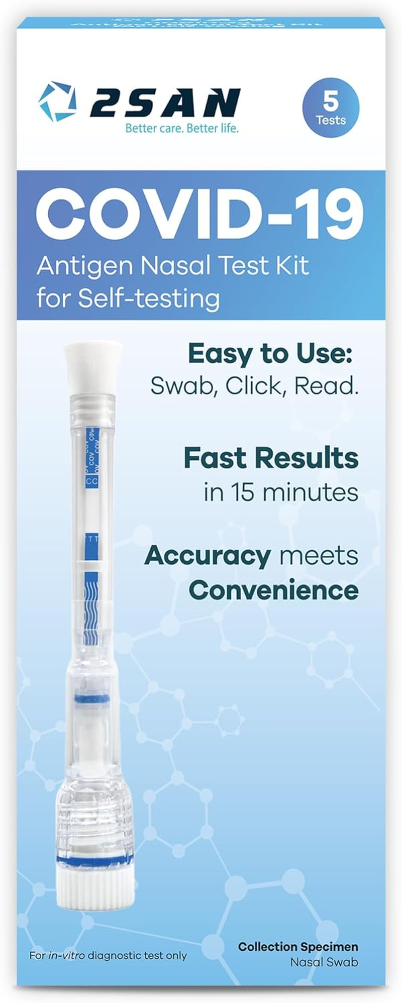 2San Covid-19 Pen Test, Results in 15 Mins, 5-Pack (5 Tests), Rapid Nasal Swab, Clinically Accurate, Easy At-Home Antigen Test, Discreet, Fast & Reliable