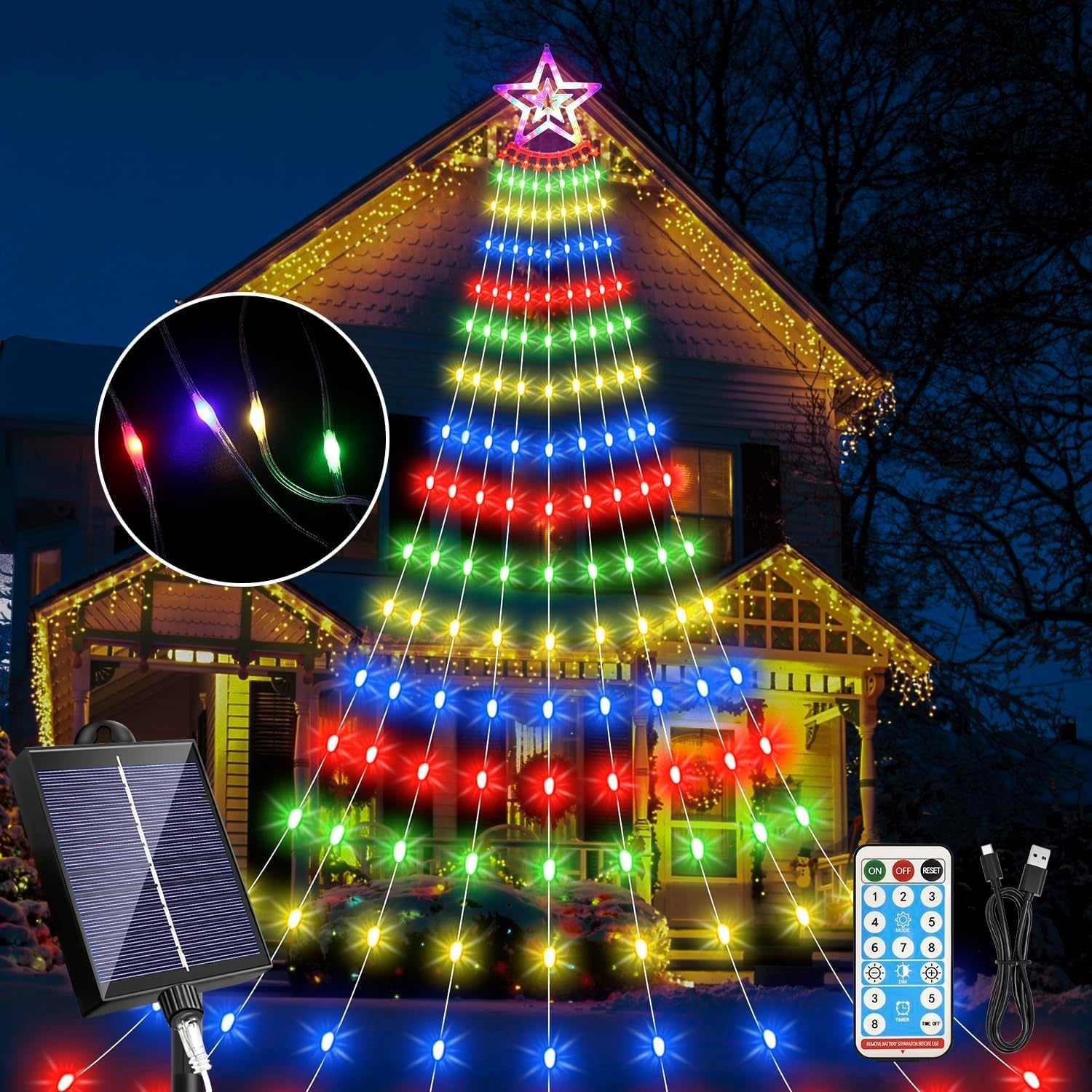 HELESIN Solar Outdoor Christmas Lights, 3.5M 350Leds Christmas Decoration Waterfall String Lights Outdoor, 8 Modes Waterproof Tree Toppers Fairy Light with Timer for Xmas New Year(Multicolor)