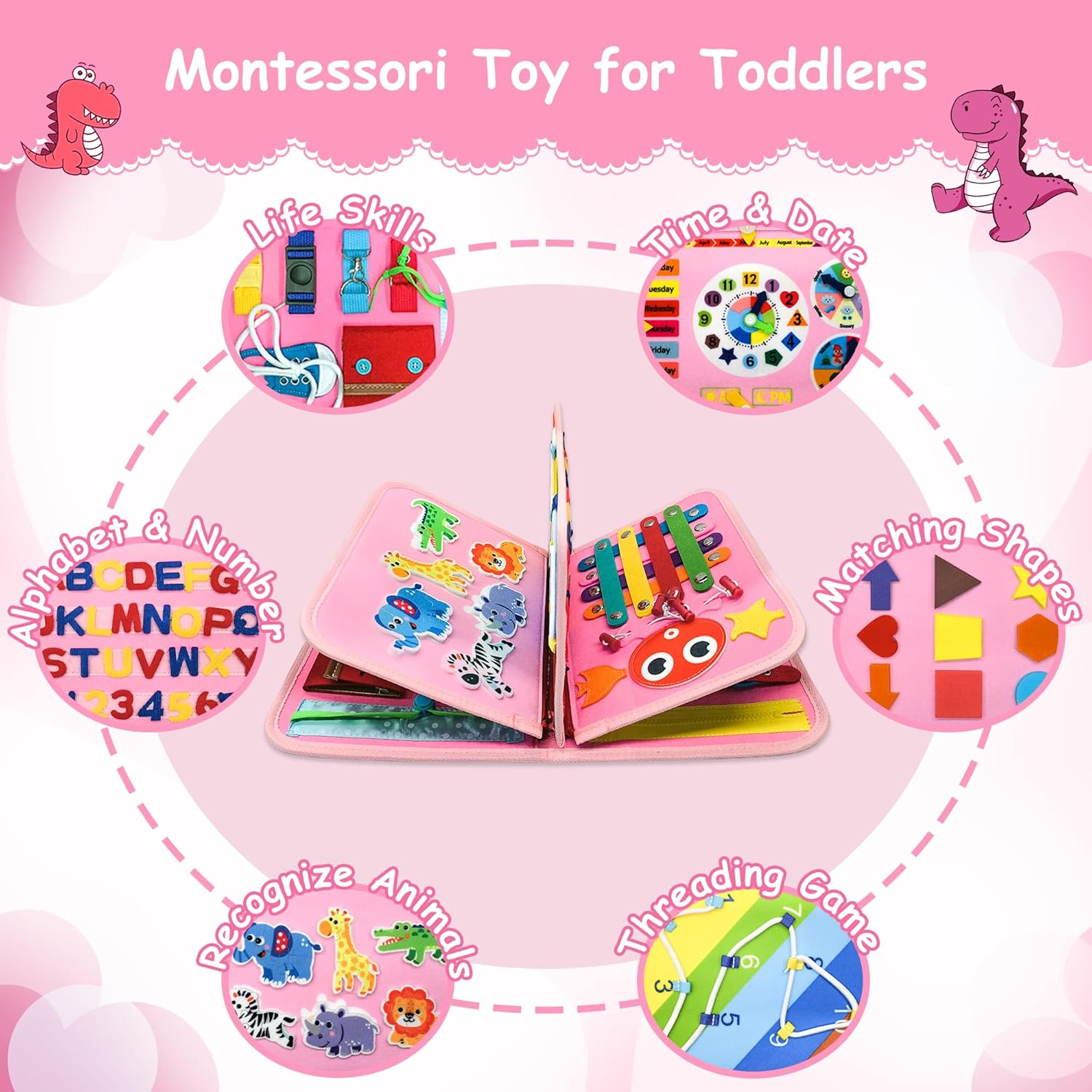 Busy Board Montessori Toys for Toddlers, 9 in 1 Busy Book Early Education Learning Travel Toy,Activity Sensory Board Book Preschool Toys for Boys Girls 1 2 3 4 Years Old (Pink Unicorn) image number 1