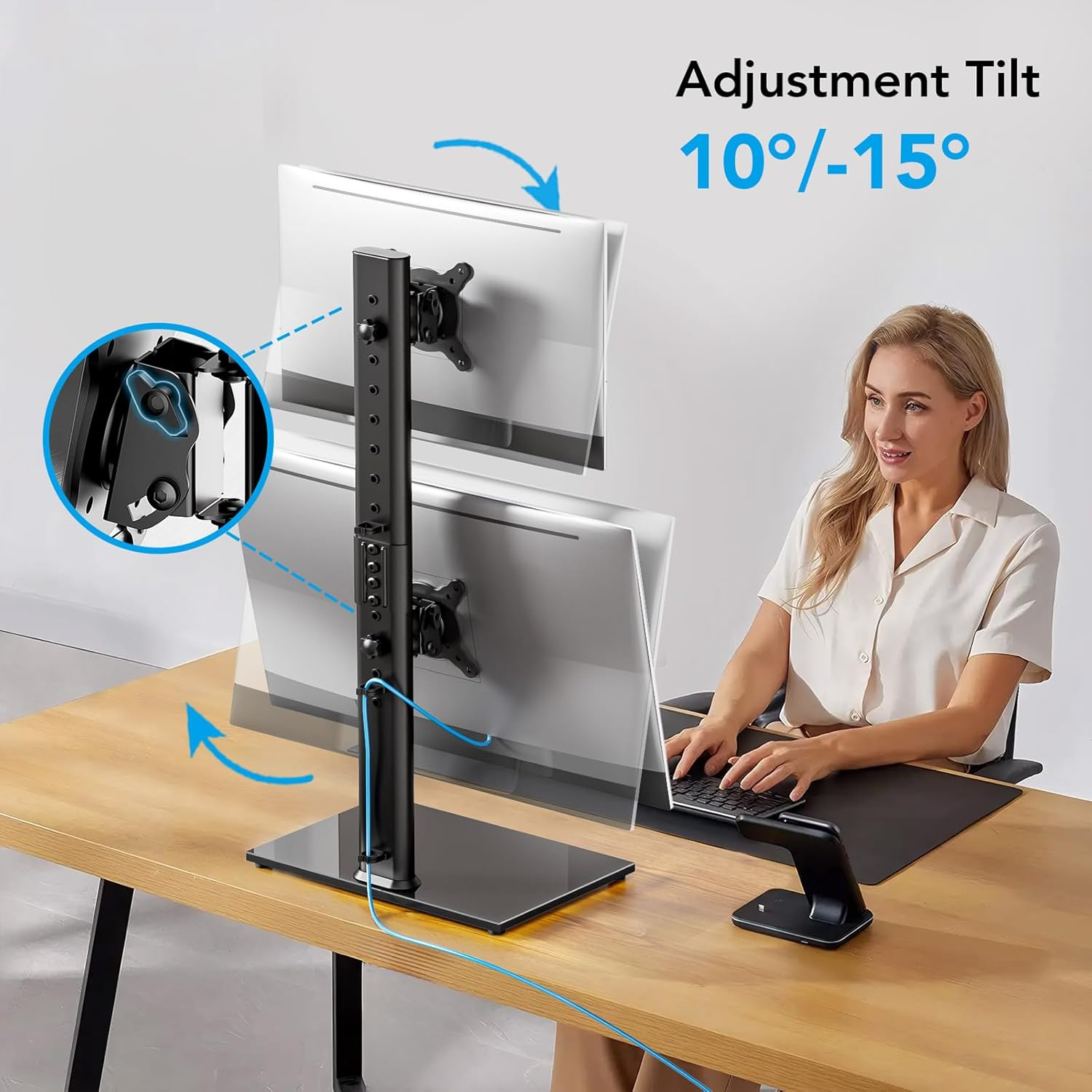 AX WABER Dual Monitor Stand Vertical Stack Screen Free-Standing Desk Mount Arm Riser Fits Two 13 to 34 Inch Computer Monitors with Swivel,Tilt, Height Adjustable,Vesa Stand 100X100Mm, 75X75Mm AX05TB02 image number 6