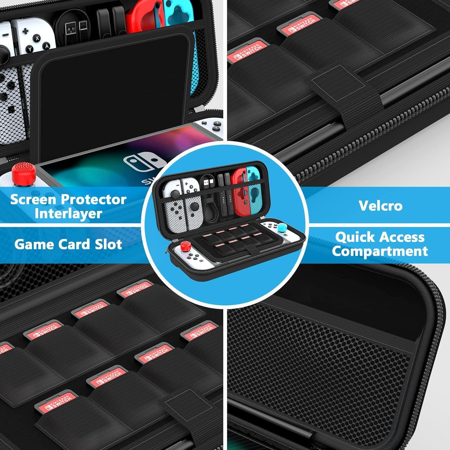 Carry Case Compatible with Nintendo Switch and New Switch OLED Console, Protective Hard Portable Travel Bag Cover Shell Pouch Mesh Pockets for Accessories and Games with 8 Game Cards Holders Black image number 6