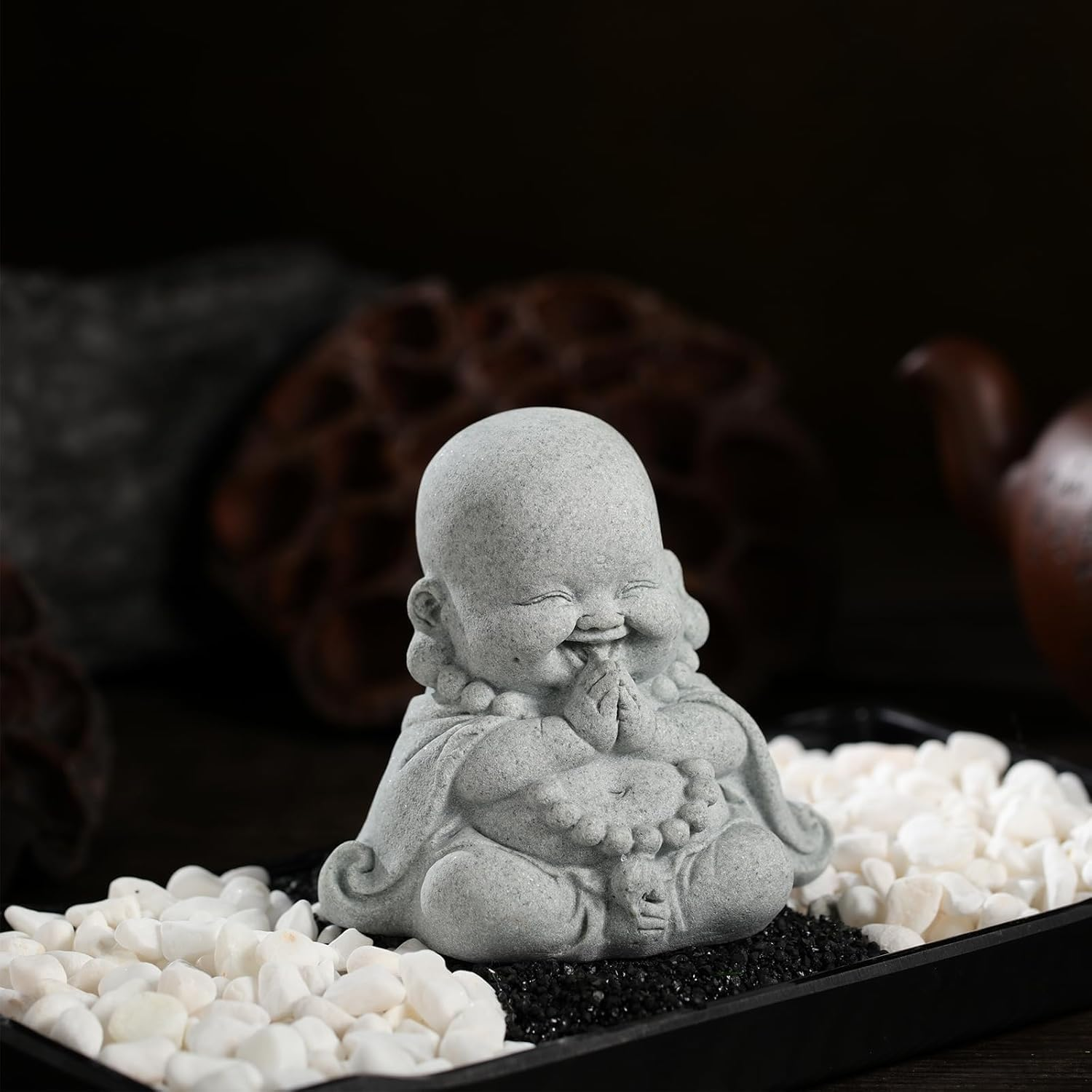 Chiorgone Praying Laughing Buddha Feng Shui Statue &ndash; Sandstone Zen Decor for Home, Office & Aquarium &ndash; Prosperity & Happiness Gift image number 4