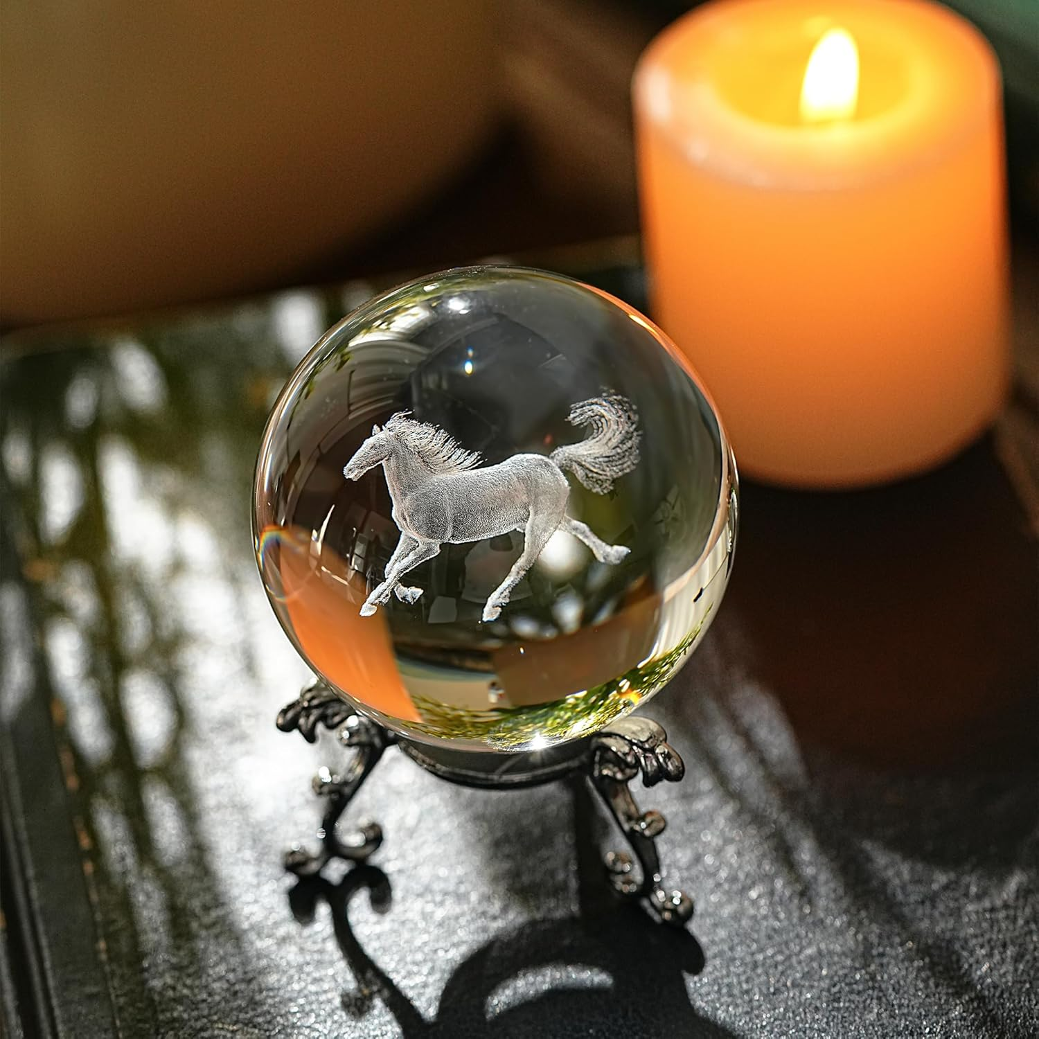60Mm 3D Horse Crystal Ball Figurines with Stand Chinese Zodiac Glass Ball Feng Shui Sphere Home Table Decor image number 4