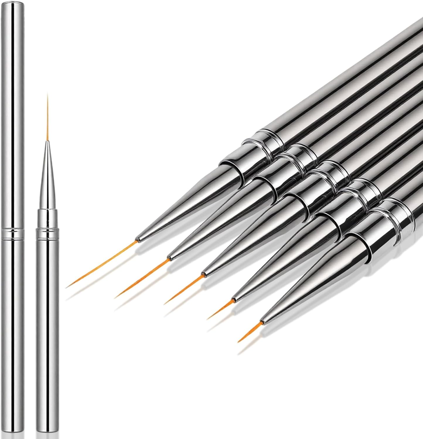 Metallic Nail Art Brushes, 5Pcs Liner Brushes for Nails Detail Brush Dotting Painting Tools Thin Nail Art Brush for Gel Polish Long Lines Thin Details Fine Drawing, Sizes 6/9/12/15/18Mm (Silver) image number 4