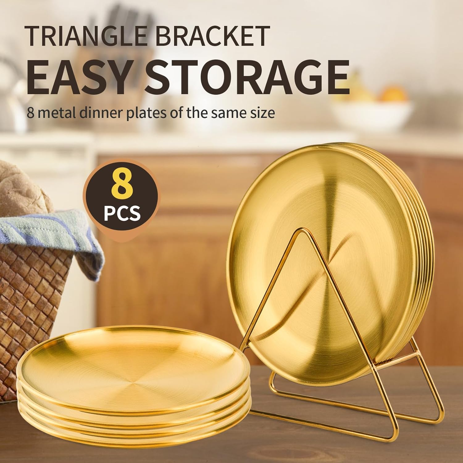 8-Piece 7.8-Inch Appetizer Plate with Stand Set Gold Silver Stainless Steel round Plates Suitable for Cakes Desserts, Salads, Dips, Snacks, Side Dishes (Gold, 7.8Inch) image number 1