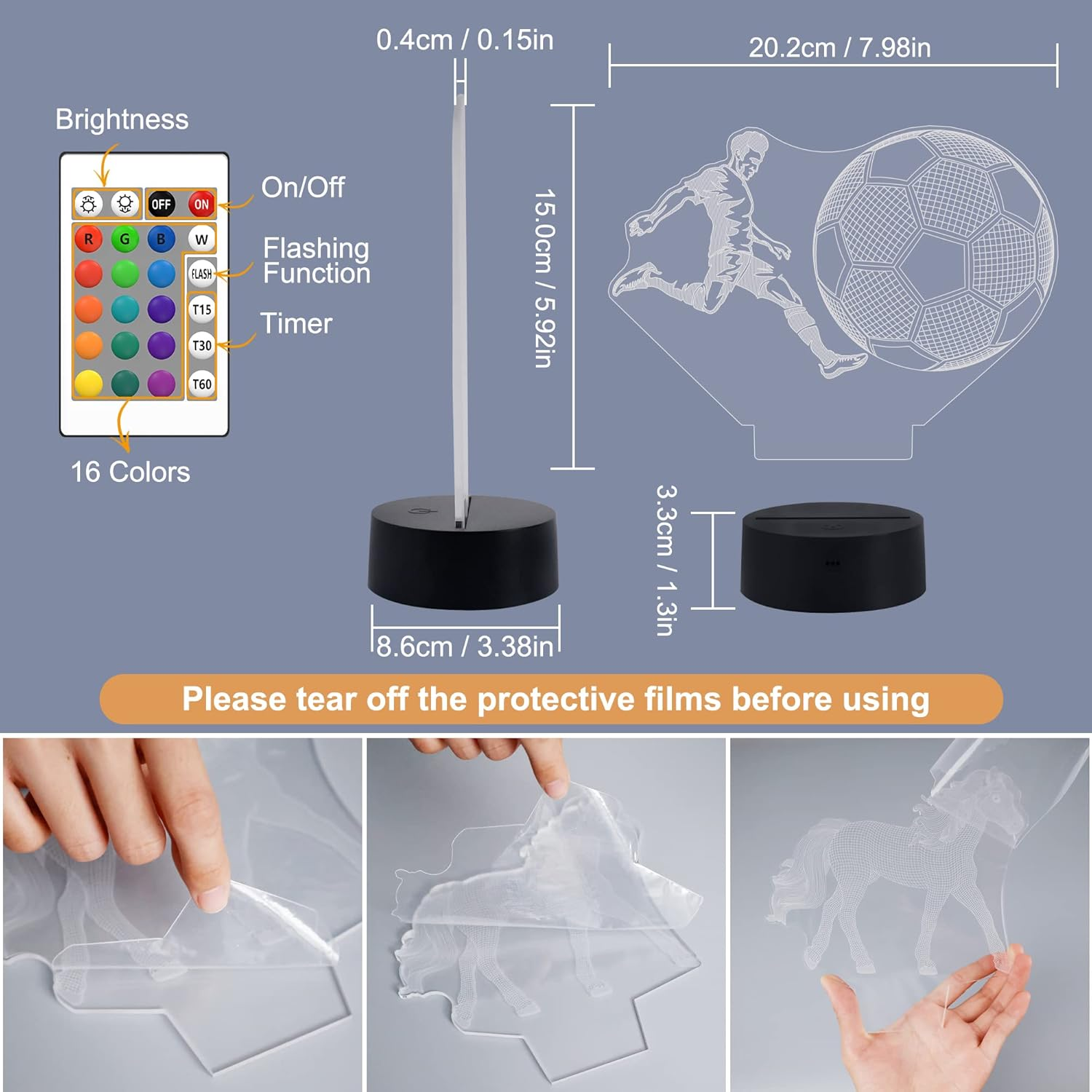 Football Gifts for Kids Boys, 3D Illusion Lamp Football Player Night Light with Remote + Touch 16 Color Flashing Changing + Timer Lamps for Men Sports Bedroom Decor image number 2