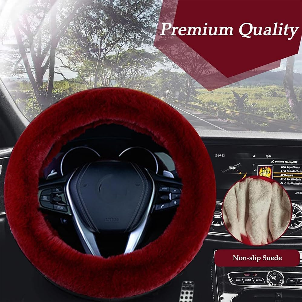 Car Steering Wheel Cover, Fluffy Soft Fur Wheel Protector for Warm Winter, 15'' Anti-Slip Steering Wheel Covers, Universal Vehicle Interior Accessories for Men Women Unique Fashion(Wine Red) image number 1