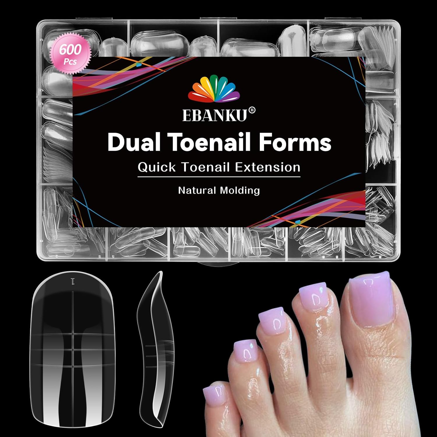 EBANKU 600 Pcs Double Toe Nail Extension Molds Reusable Full Cover Acrylic Nails with French Tip and Pedicure for Salon and DIY at Home, 15 Sizes