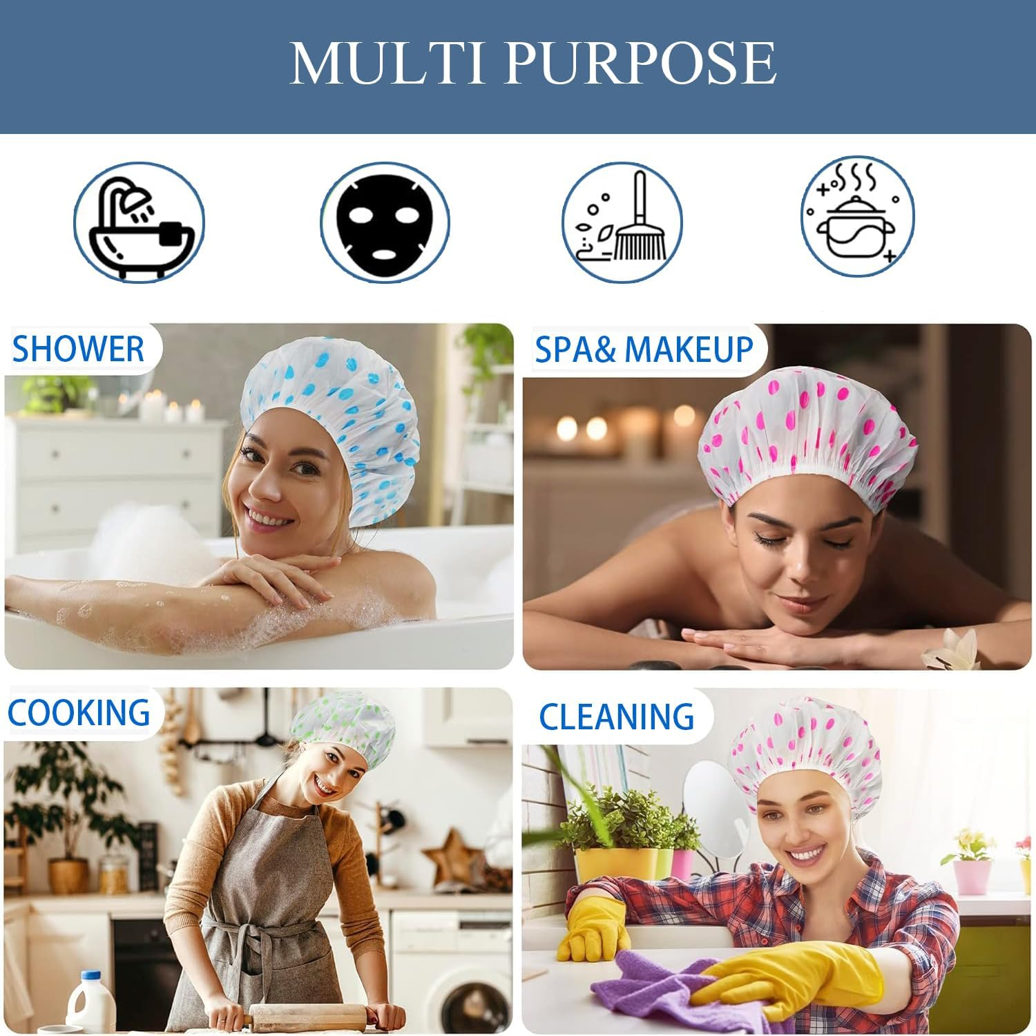 Xinghonyac 6 Pcs Shower Caps, Reusable Waterproof Shower Caps with Elastic Band for Facial Care, Bathing, Spa image number 1