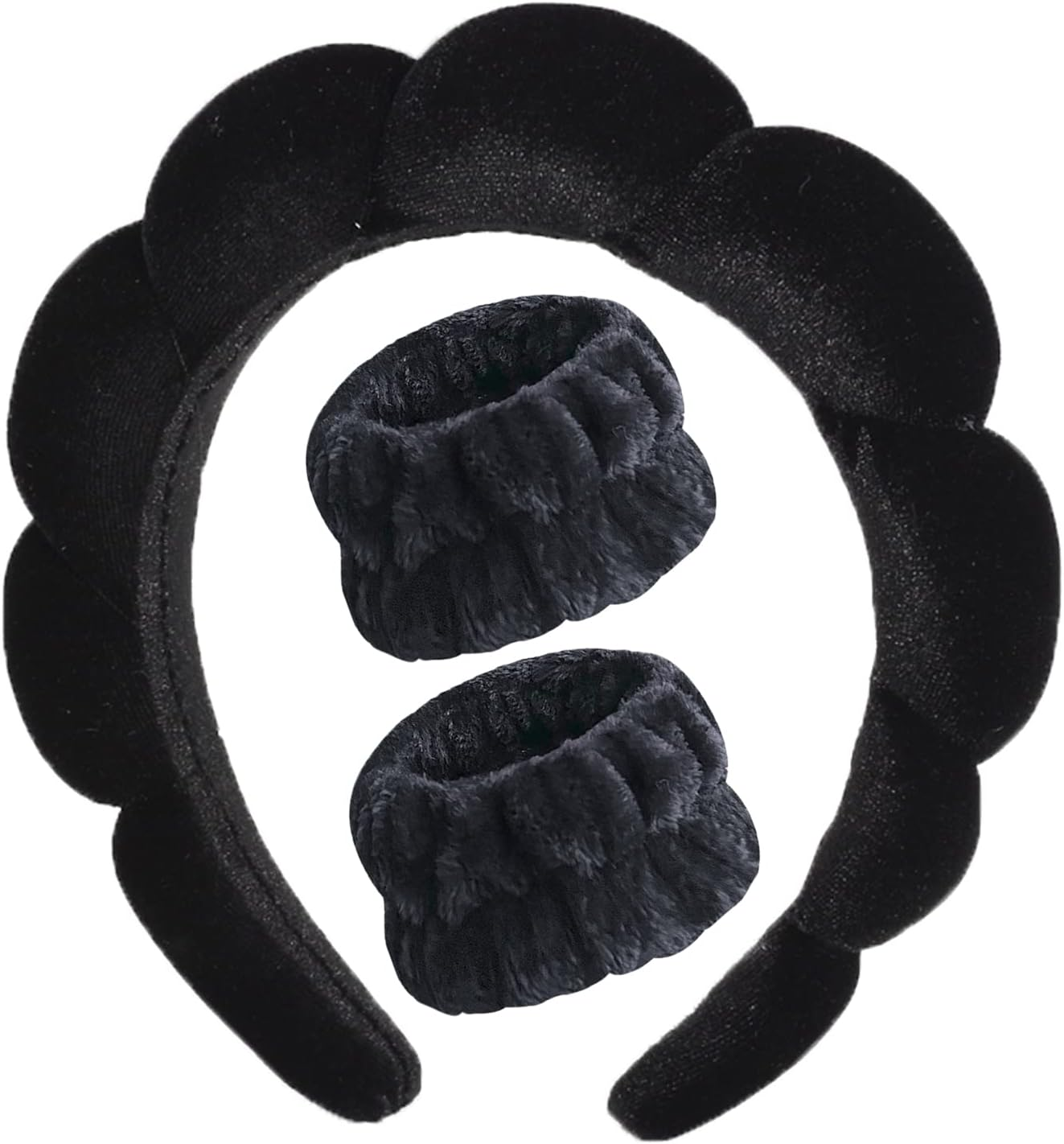 Luckybear Spa Headband for Washing Face, Velvet Makeup, Bubble Skincare with Face Wash Wristbands, Sponge Puffy for Women Skin Care - Black