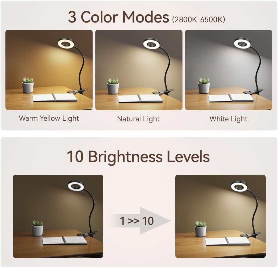 GARMESE - Clip-On LED Desk Lamp with 3 Color Modes, 10 Ring Brightness/Clamp Light 360&deg; Flexible Gooseneck Dimmable Eye Protection Desk Lamps For