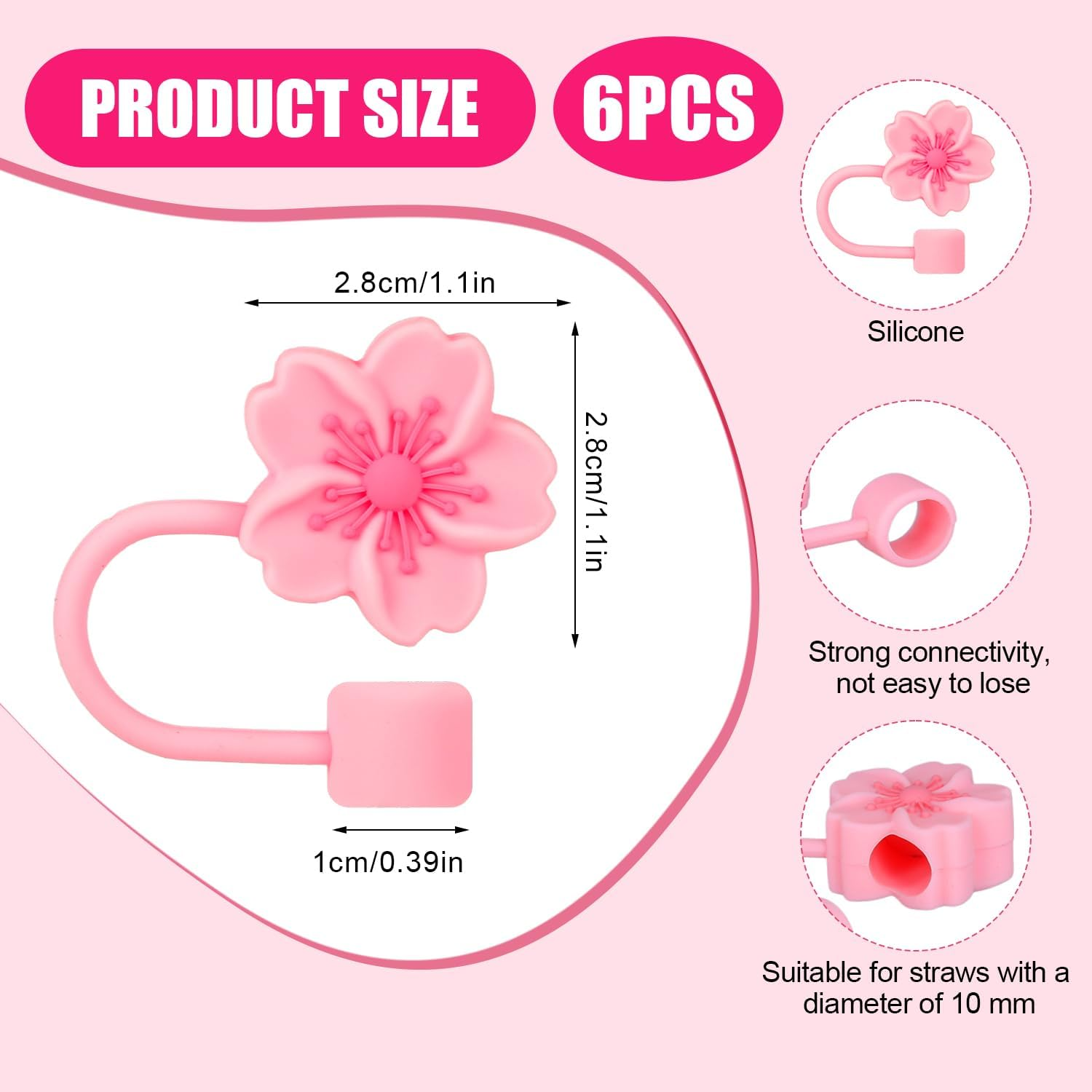 6Pcs 10Mm/0.4" Flower Straw Tip Topper for Stanley Sippy Cup, Pink Cherry Blossom Silicone Lid Cover Cap Reusable Seal Straw Plug Dust Proof Cute Straw Protector Accessories for 30 & 40 Oz Tumbler