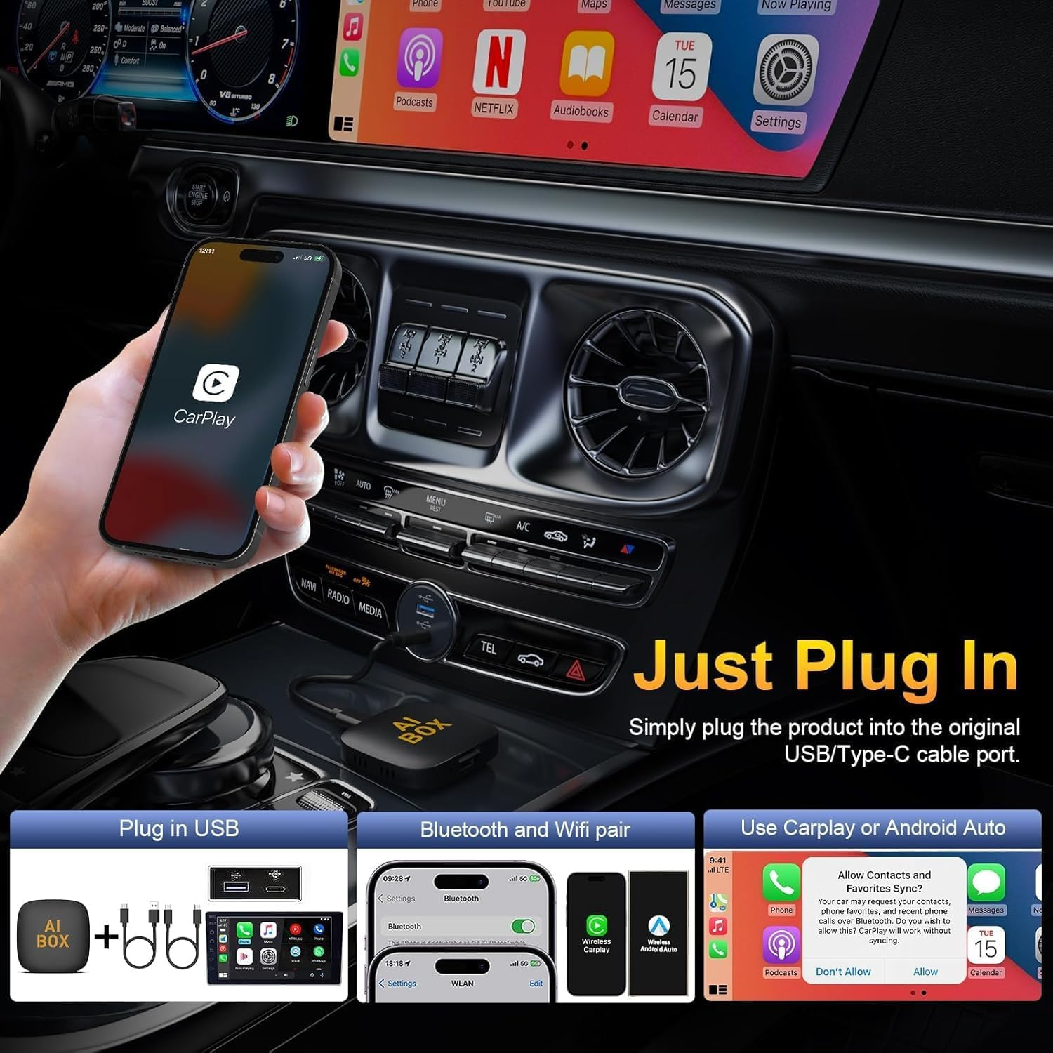5 in 1 Wireless Carplay Adapter and Android Auto Adapter Support Netflix/Youtube - Carplay Ai Box Convert Carplay Dongle TF Card/U Disk Magic Link for OEM Wired Carplay/Android Auto Cars image number 4