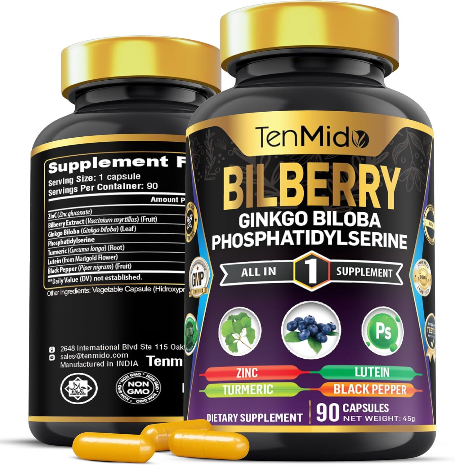 Tenmido Bilberry Extract Capsules - 7In1 with Zinc, Ginkgo Biloba, Phosphatidylserine, Turmeric, Lutein & Black Pepper - 90 Vegan & Non-Gmo Capsules image number 1