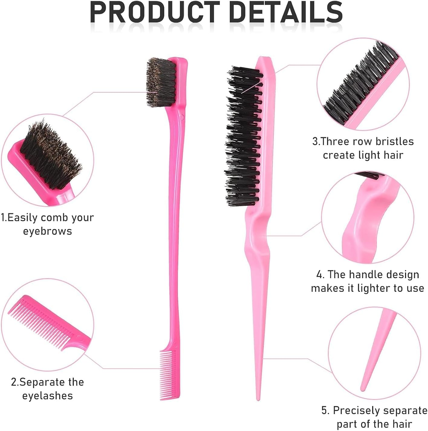15-Piece Braiding Kit & Hair Supplies: Nylon 3-Row Salon Teasing Brushes, Double-Sided Edge Smooth Combs, Rat Tail Combs & Duckbill Clips for Women (Pink) image number 2