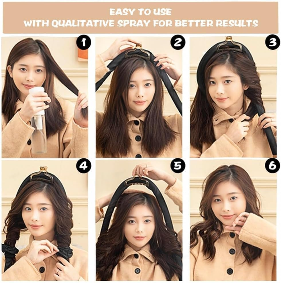 Heatless Curling Rod Headband No Heat Silk Ribbon Curling Rod Hair Roller Curls with Hair Claw Clip Lazy Natural Soft Wave DIY Hair Rollers Styling Tool for Sleep in Overnight (Black, One Size) image number 4