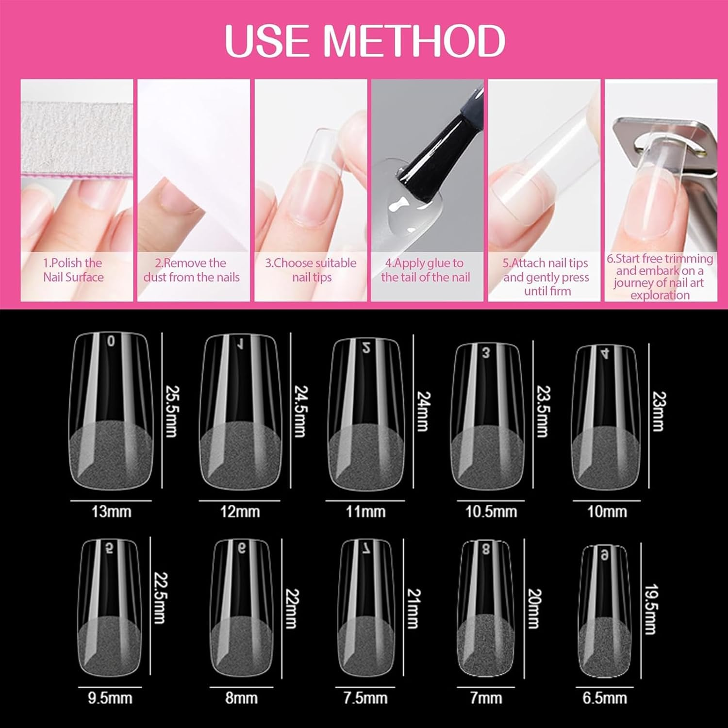 Gaivek 600 Pcs Medium Square Nail Tips, Full Cover Gel Press-On False Nails, Pre-Shaped French Nail Tips for Extension, Fake Nails Kit for DIY Manicure and Salon Use, 10 Sizes