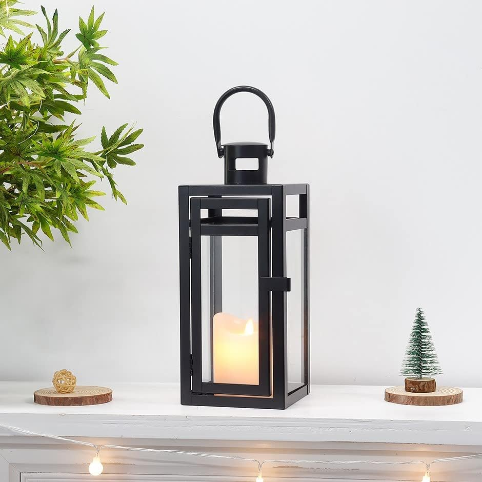 TRIROCKS Metal Lantern Candle Holder 30 Cm High Decorative Tea Light Candle Holder with Tempered Glass for Christmas Home Decor Living Room Parties Events Tabletop Indoors Outdoors (Black) - Gold image number 2