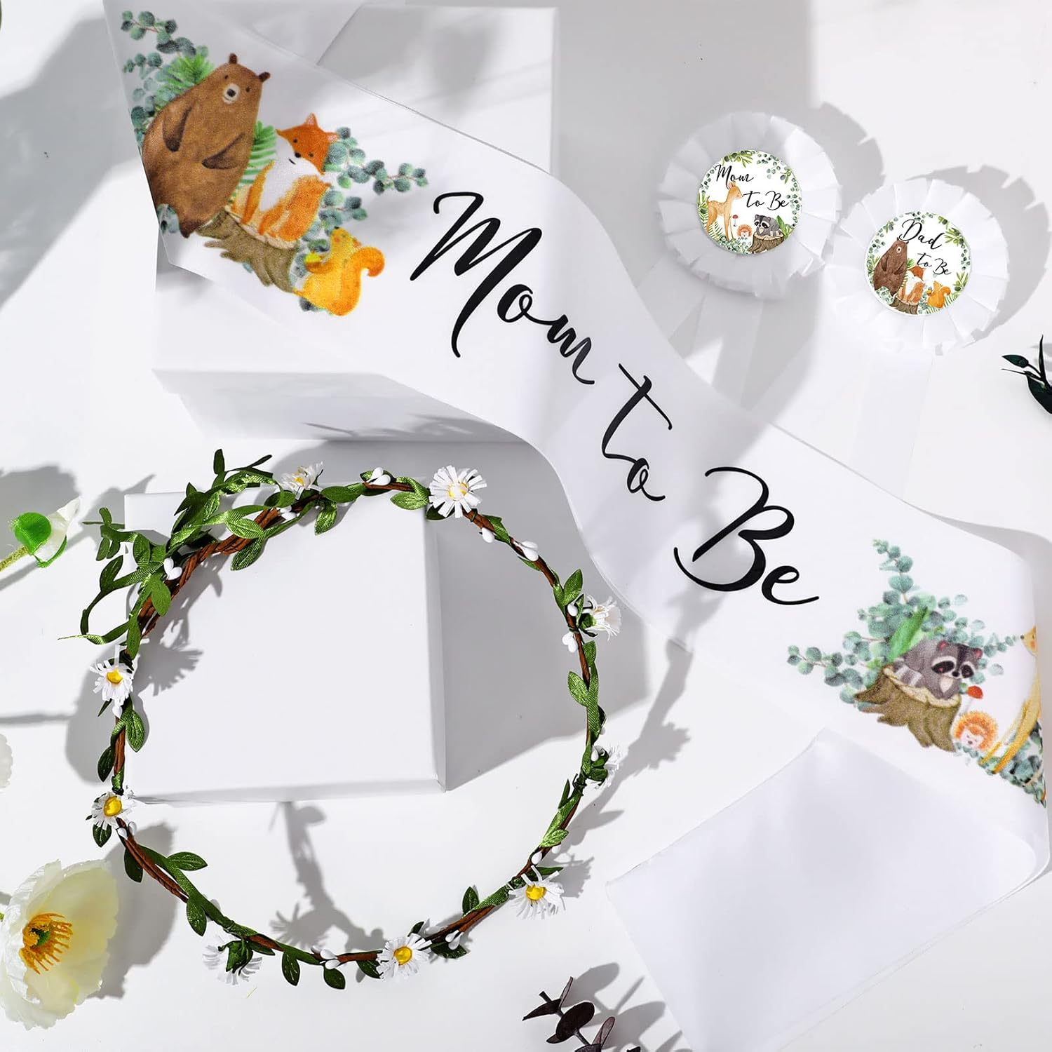 Xinnun 4-Piece Woodland Animal Themed Mom to Be Sash Kit with Sage Green Leaf Flowers Crown, Dad & Mom Badges for Baby Shower Party Favors & Gender Reveal