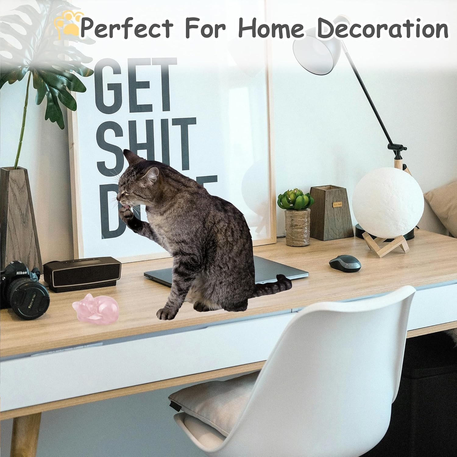 Crystal Cat Statue Decor, Healing Crystal Sleeping Cat Figurines, Cat Gifts for Women, Cute Desk Decor, Cat Sculpture Office Decor, Lucky Kitten Decoration for Cat Lover (Pink) image number 3