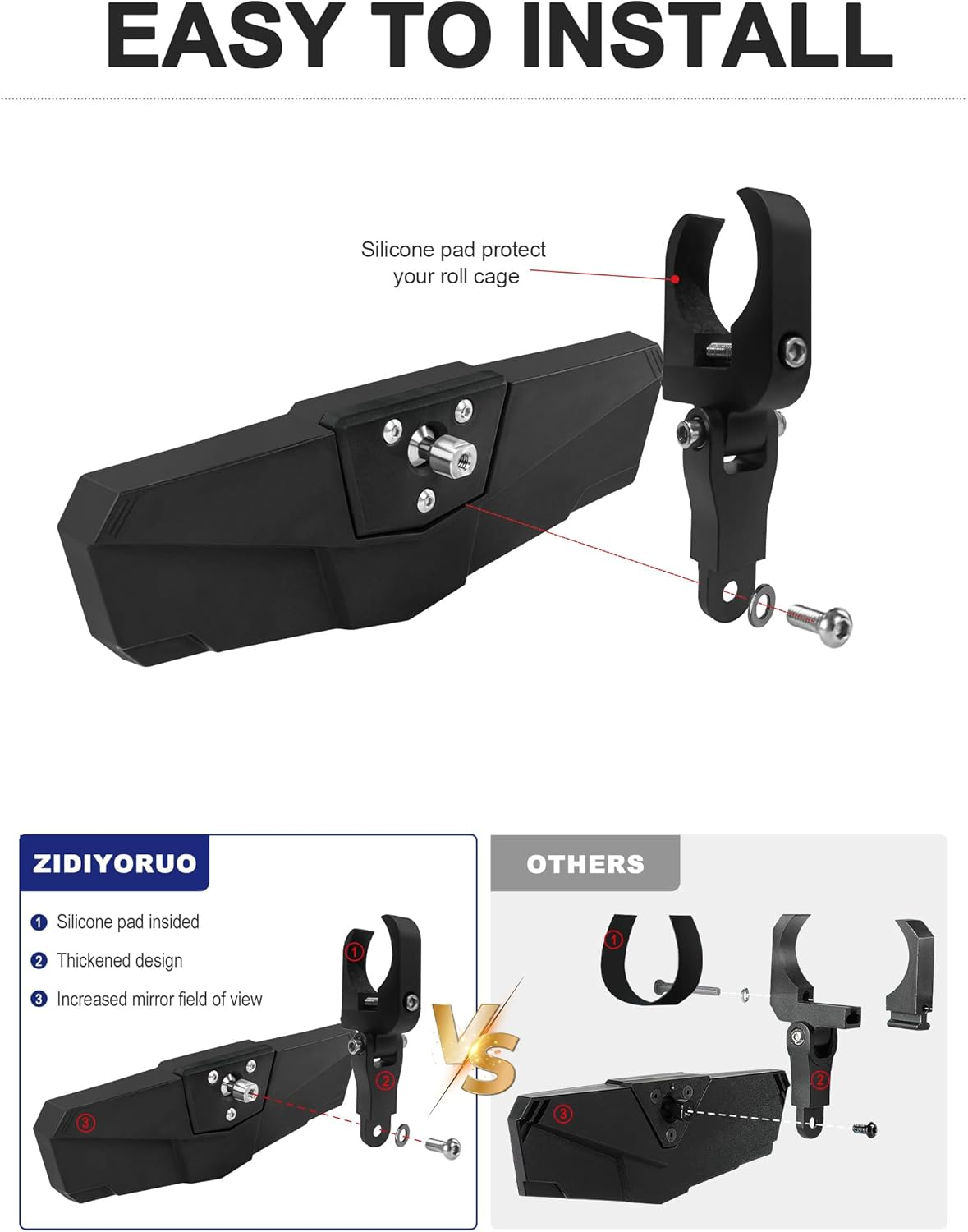 UTV Rear View Mirror, HD SXS UTV Center Mirror with Aluminum Clamp Fits 1.5"-2.0" Roll Cage Mount, Compatible with Polaris RZR, Maverick Can Am X3, Pioneer, Talon, Kawasaki, CFMOTO, Yamaha image number 5