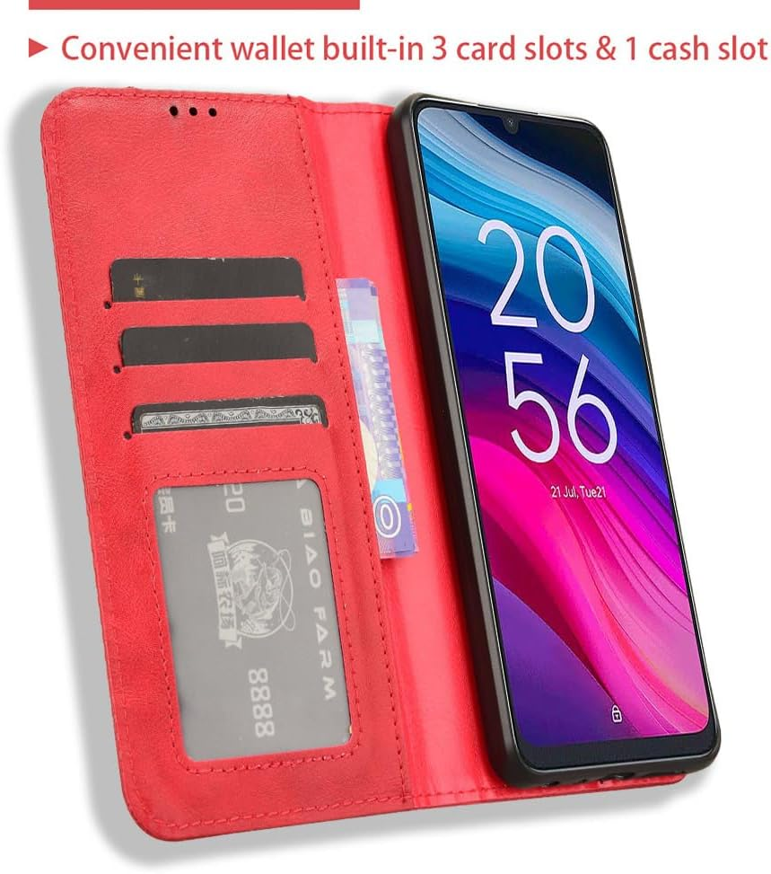 COMAKU Multifunctional TCL 505 Case, Wallet Phone Case with Built-In Card Slots - Red - Red image number 2