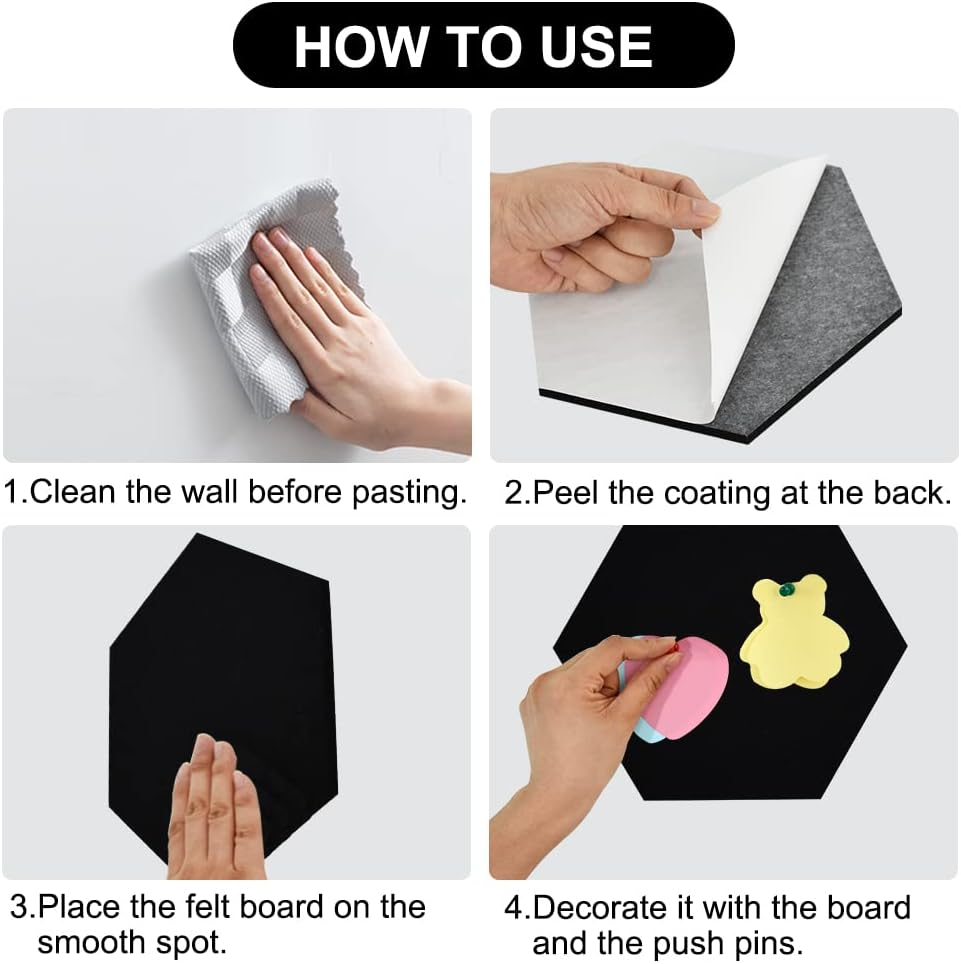 Vuzvuv 6 Pcs Hexagon Bulletin Board with 50 Pushpins & Sticky Note Adhesive Cork Board for Wall，Felt Pin Board for School，Office Decor（Black） image number 1
