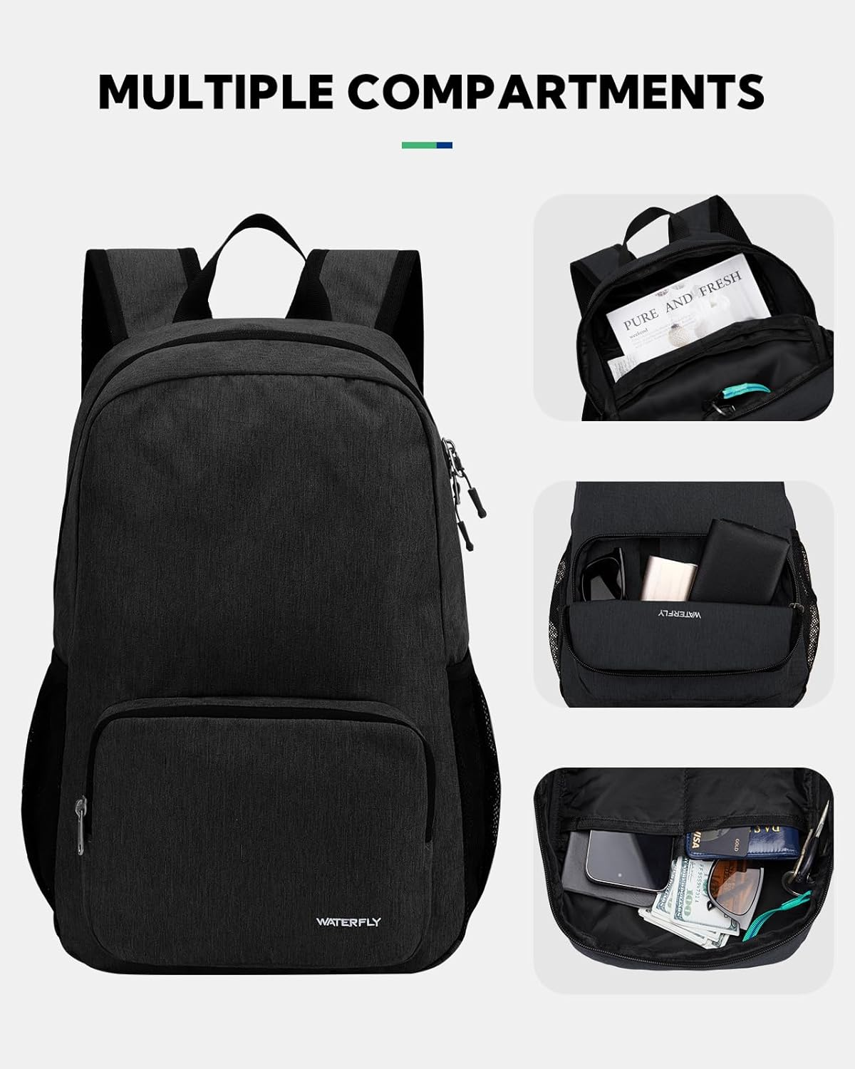 WATERFLY Lightweight Packable Hiking Backpack: 20L Small Foldable Travel Bag for Women Men Camping Beach Vacation Daypack image number 4