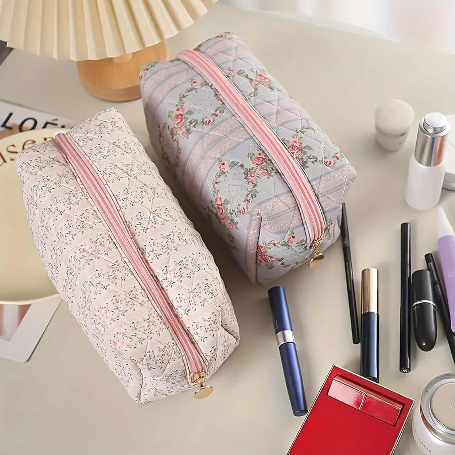 Floral Makeup Bag, Cute Quilted Makeup Toiletry Bag, Zipper Cosmetic Pouch, Daily Travel Use Skincare Bag, Multipurpose Organizer Bag, Blossom Blush Pink, Cute - 2Pack Pink + Blue image number 7