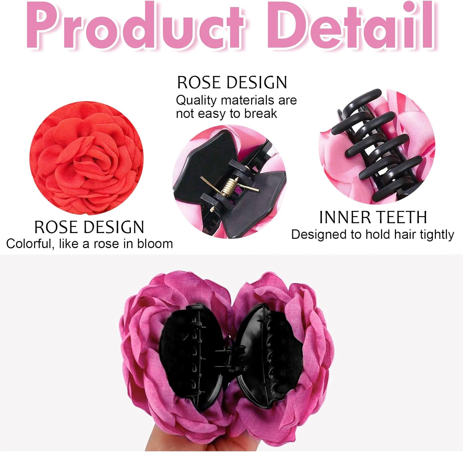 ASOMI 2 Pack Large Hair Clips with Hawaiian Roses Floral Hair Clips for Women and Girls, Thin Hair, Blooming Rose Claw Clips, Non-Slip (Rose Red, Red) image number 3
