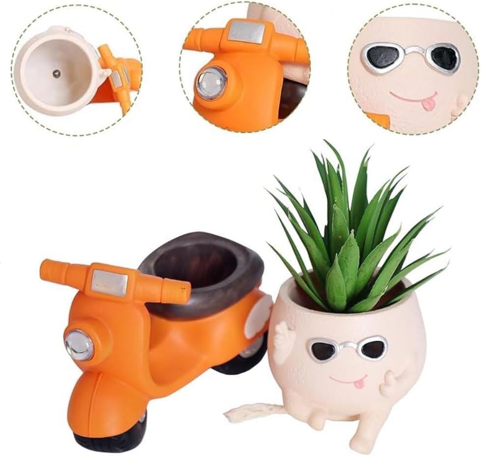 Unique Face Self Watering Planter Pots,Garden Pot with Drainage Hole,Cute Motorcycle Succulent Pot for Indoor Outdoor Funny Head Planters for String of Pearls Plant Live Gift Ideas for Christmas image number 4