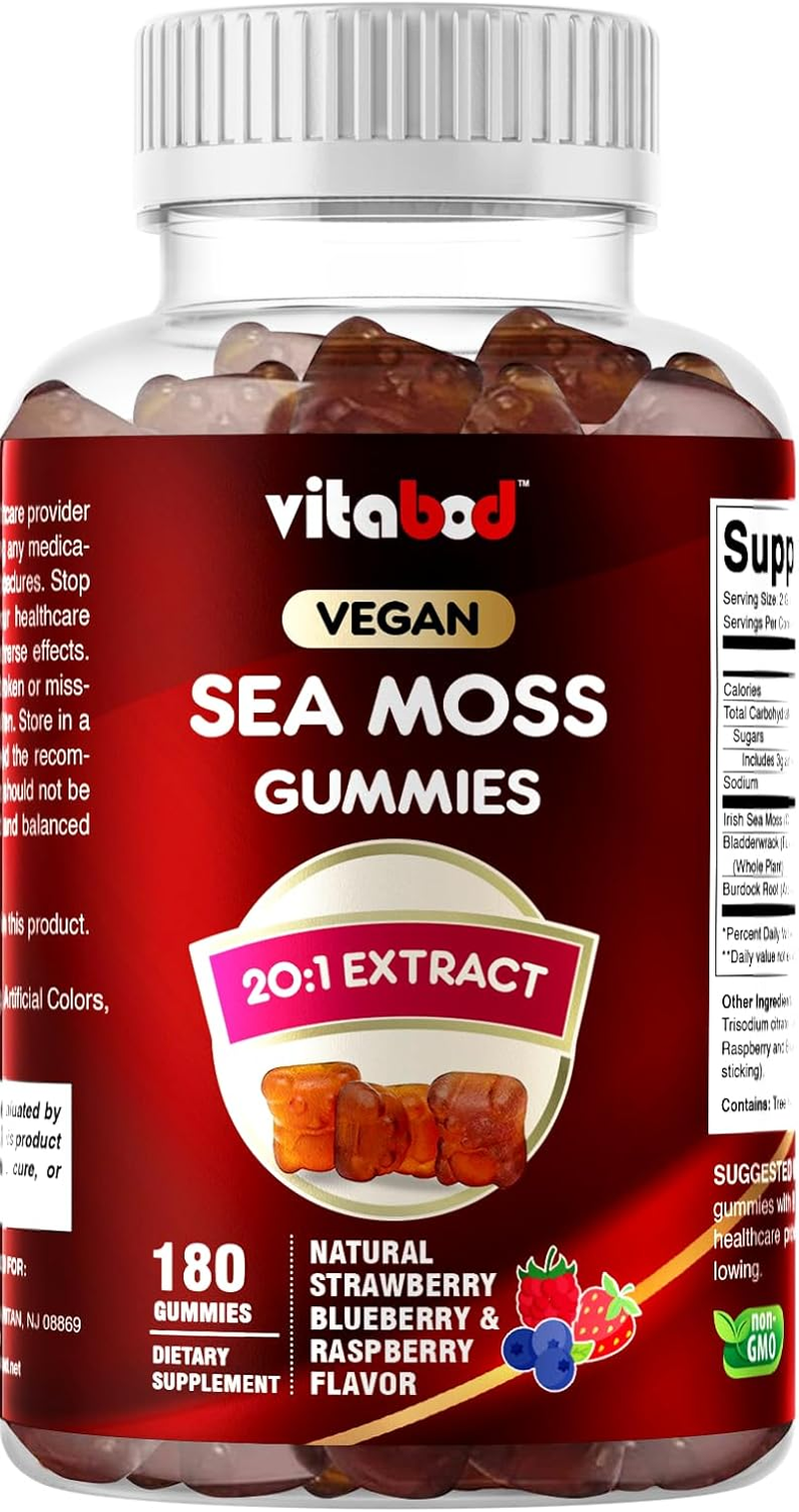 Vitabod Irish Sea Moss Gummies - 3000 Mg - 180 Vegan Gummies - Made with Bladderwrack & Burdock Root - Seamoss Supplement for Thyroid, Energy, Immune Support