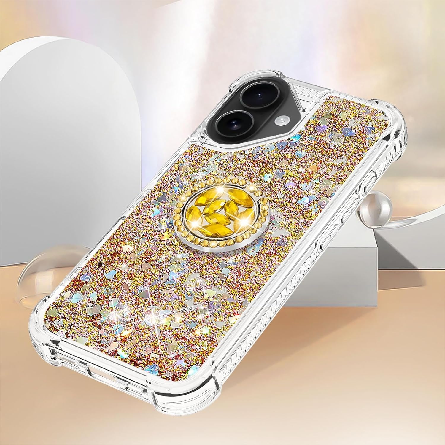 IMEIKONST Glitter Case for Iphone 17 Mobile Phone Case with Ring Stand, Sequins Liquid Quicksand Transparent Protective Case Shockproof TPU Cover for Iphone 17 Love Gold YBZ