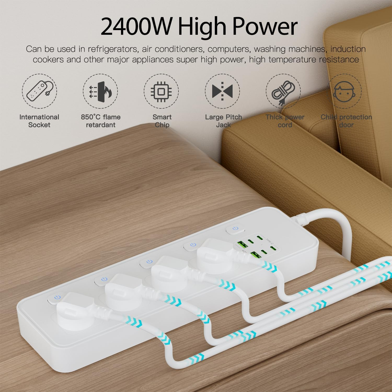 BOCHLION Power Strip with Independent Switch, 4 AC Power Sockets, Surge Protector Power Strip with 6 USB Ports (4 USB-C Sockets), 1.8M Extension Power Strip, Wall-Mounted for Home Office (White) image number 1
