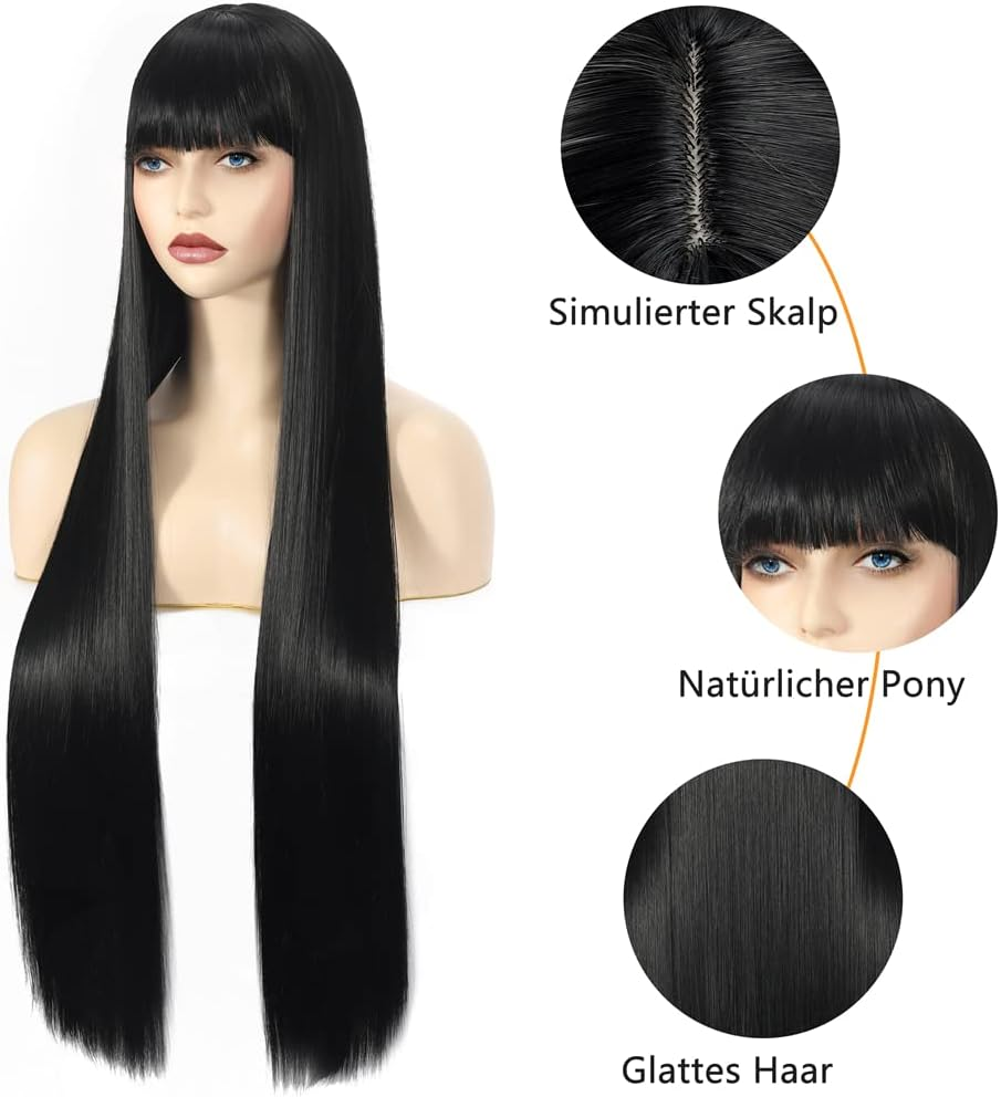 Wig Black Long Straight Wig for Women, Synthetic Fibre Smooth Wigs with Fringe for Women, 80 Cm Long Straight Black Synthetic Wig with Fringe Bangs for Women image number 1